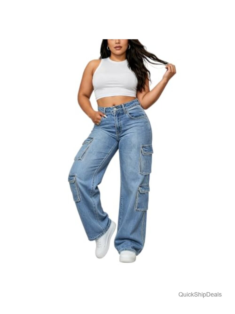 Plus Size High Waist Straight Leg Cargo Jeans - Stretch Wide Leg Baggy